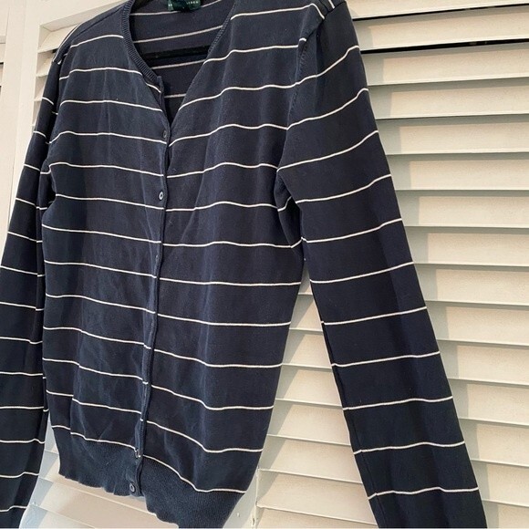 Lauren Ralph Lauren Silk Blend Nautical Preppy Academia Navy Striped Cardigan L - Picture 2 of 8